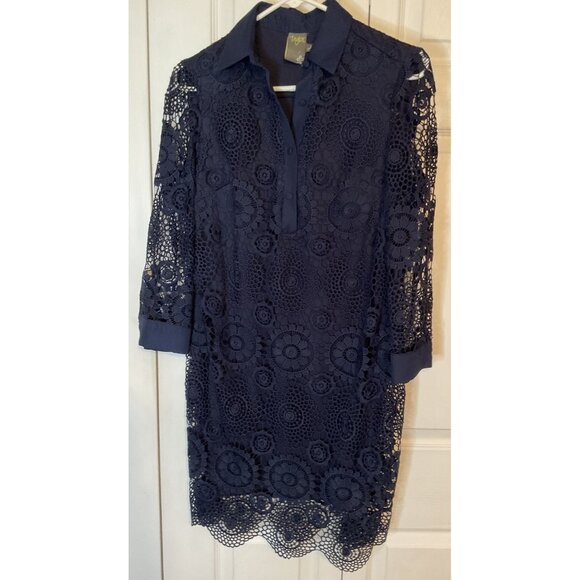 Taylor Navy Blue Long Sleeve Lace Dress Size 4 - Picture 1 of 5